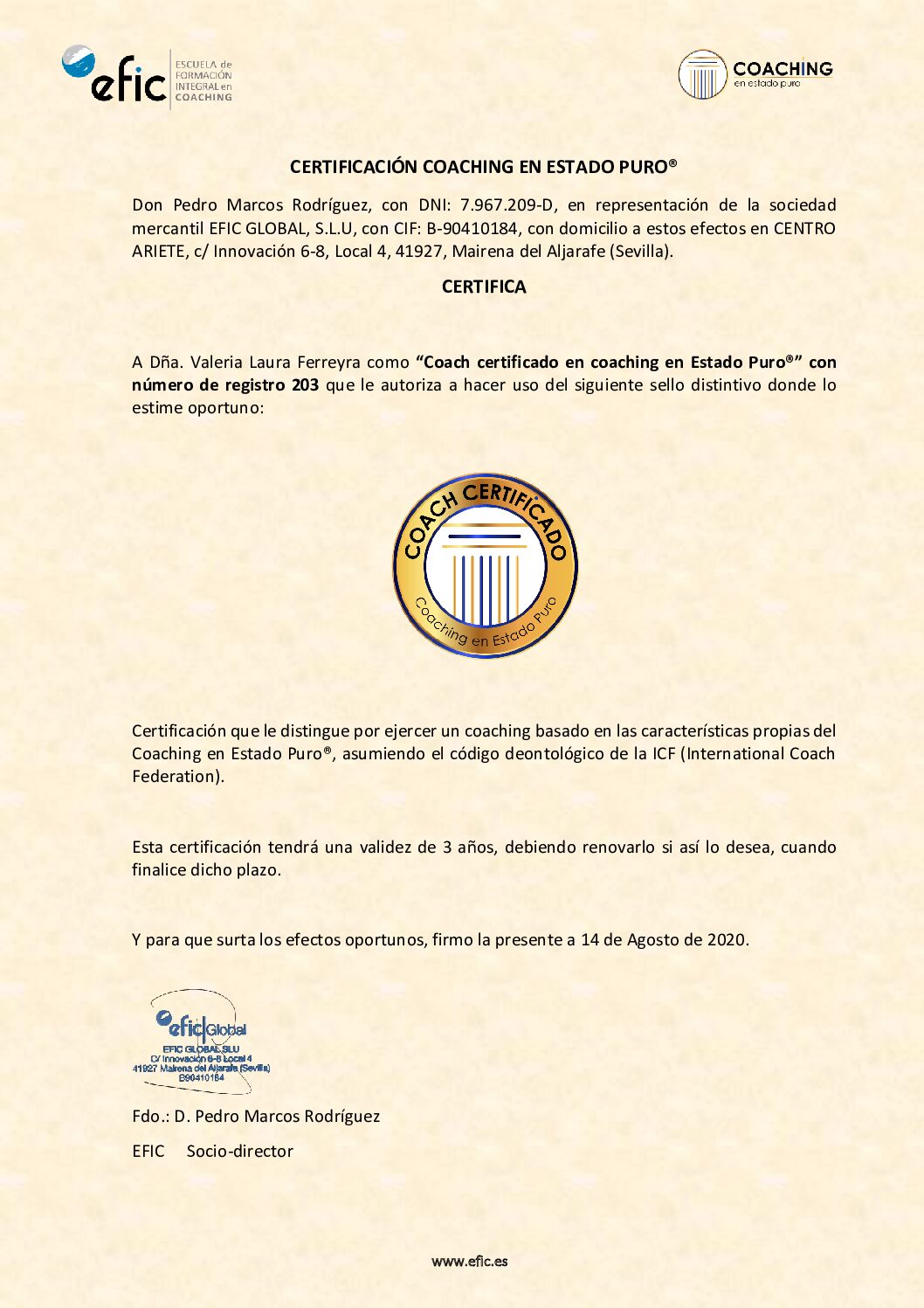 Certificación Coaching en Estado Puro Nº 203 Valeria Laura Ferreyra